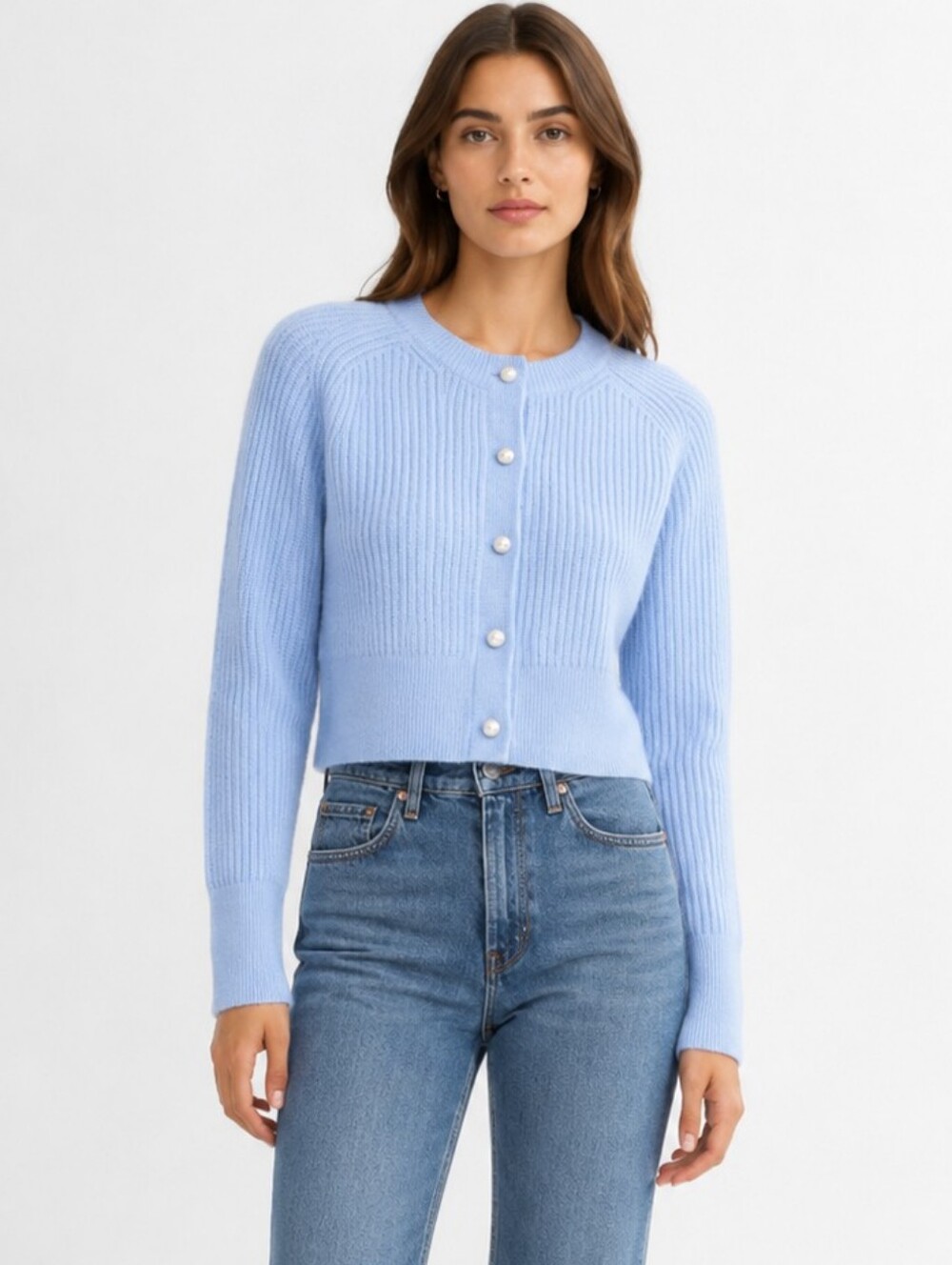 Abercrombie & Fitch Light Blue Ribbed Pearl-Button Cardigan